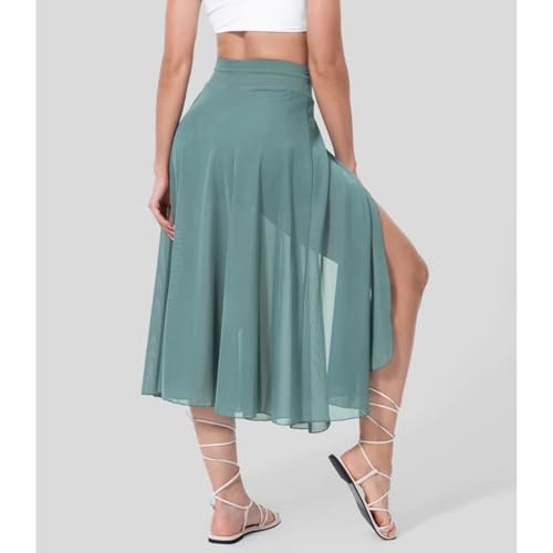 Women's Fashion Sheer Mesh Skirt Front Slit Knee Length A Line Flowy Prom Midi Skirt2