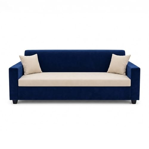 Image of FURNY QualityWood 3 Seater + 1 Seater + 1 Seater Fabric Sofa Set (Cream-Dark Blue) with Velvet Finish | Durable Comfort | Ideal for Living Room