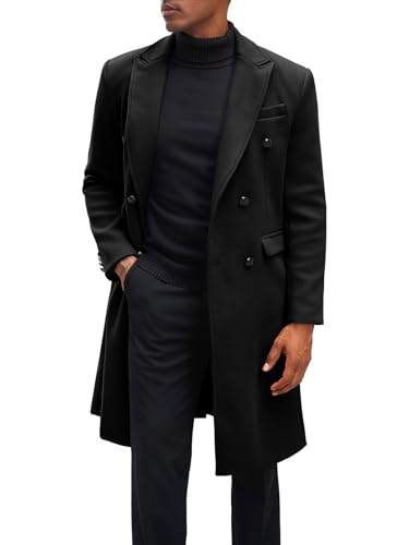 Yousify Mens Double Breasted Trench Coat Notched Lapel Mid Long Peacoat Winter Casual Business Overcoat