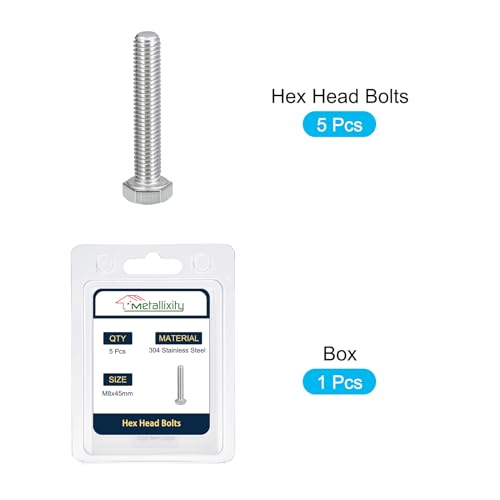 Image of METALLIXITY Hex Bolts (M8-1.25x45mm) 5Pcs, 304 Stainless Steel Coarse Fully Threaded Hex Head Screw Bolt Machine Screws - for Furniture Repair, Silver