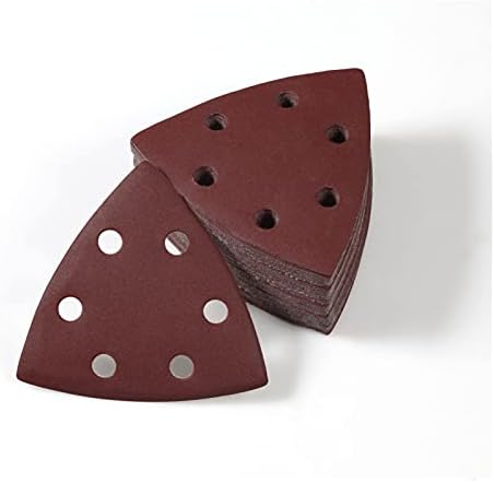 LEONTOOL 50 Pcs Triangle Sanding Pads, Detail Sandpaper 6 Holes, Hook and Loop Sanding Disc 3-1/2 Inches, 40 Grit Sanding Paper for Wood Metal Polishing