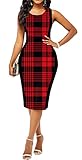 Bodycon Plaid Print Dresses for Women Elegant Sleeveless Crew Neck Midi Pencil Dress Outfits Business Casual Sexy Clubwear for Work(Red,L)