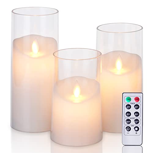 Raycare Realistic Flameless Candles, Battery Operated Acrylic Led Pillar Candles With Remote Control And Timer, Pure White, Set Of 3 #TOP17