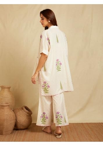 Image of LookMark Women's Off White Viscose Rayon Printed Kurta Set | Kurti with Pants | Ethnic Traditional Outfit