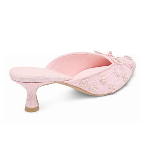 Image of Women Kitten Heel Mules Crystal Flower Decor Mesh Pointed Toe Low Heel Casual Pumps