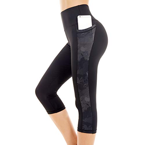 Picotee Women's Capri Yoga Pants Workout Leggings Pocket Running Exercise Active Athletic Gym Tights High Waist (Capri Leggings-Black/Camo, M)