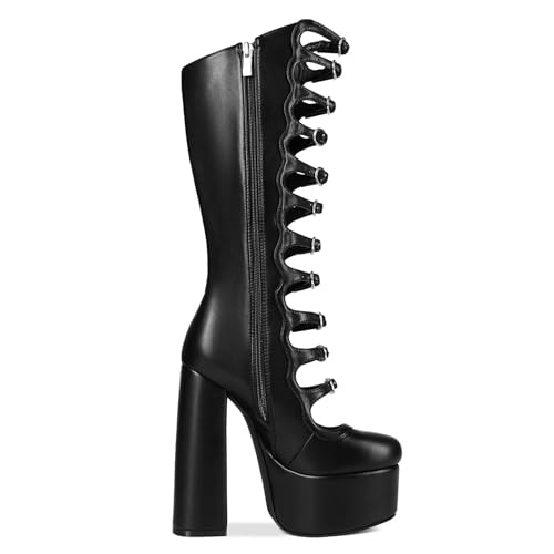 KOKOMOMO Gothic Lolita Boots Knee High Chunky Heels Platform Y2K Punk Cutout Combat Boots Side Zipper Stripper Heels Cool Front Buckles Block Tall Boot Mid Calf Cosplay Shoes4