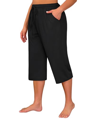 Huukeay 3 Pack Women's Plus Size Capris, Drawstring Cotton Yoga Capri Sweatpants Summer Casual Loose Cropped Pant with Pocket4