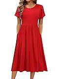 HOTOUCH Womens Summer Dresses Casual Round Neck Loose Dress Cotton Knee Length Pleated Flutter Dress Tiered Dress,Red,X-Large