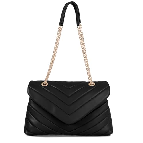 Quilted Crossbody Bag for Women, Soft Vegan Chevron Purses, Trendy Shoulder Handbags with Flap