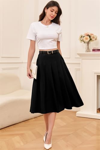 Cromoncent Women's Long Pleated Skirt with Pockets, High Waisted School Uniform A-line Skirts Long # Black Pocket, US 3XL4