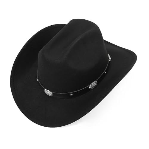 Cappello da cowboy e cowgirl classico in feltro nero con falda arrotolabile, per donne e uomini, decorazione con bukle per cintura in stile western