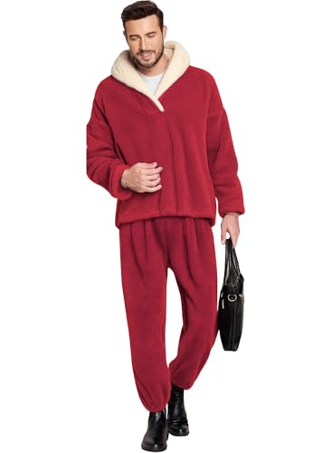 Image of Mens Fluffy Coral Fleece Pajamas Set Pullover Pants Loose Plush Warm Loungewear Sleepwear