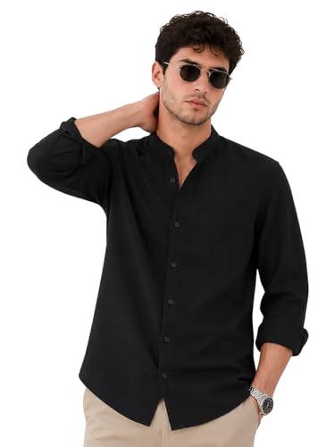 Image of Veirdo Men's Stylish Solid Casual Shirt | Chinese Collar Pure Cotton | Available in Black, Brown, Rust, Olive, White & Navy | Sizes S to XXL