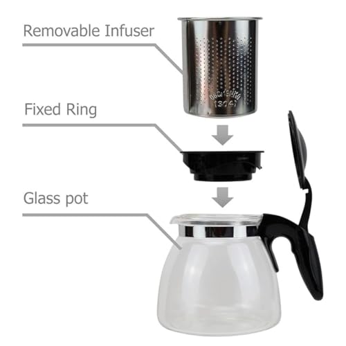 Image of Borosilicate Round Glass Tea Pot with Heat Resistant Stainless Steel Infuser Perfect for Tea and Coffee Maker, Clear Glass Kettle (TEAPOT with Black Handle) 1000ml (roung Kettle)
