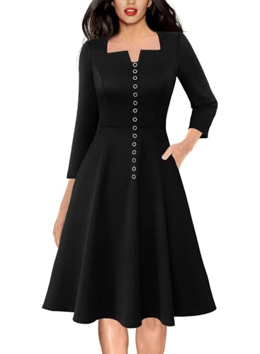 VFSHOW Womens Business Buttons Work Office Square Neck Notch A-Line Church Pockets Fit and Flare Dress