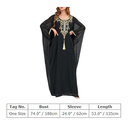 Image of OBEEII Muslim Dress for Women Loose Batwing Sleeved Hooded Beaded Embroidery Long Abaya Dress Kaftan Abayas Islamic Robe