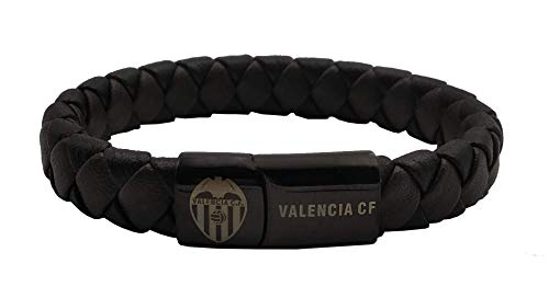 Pulsera Piel Negra Valencia C.F. Oficial Trenza Cuadrada Cierre Negro con Escudo y Letras Grabado