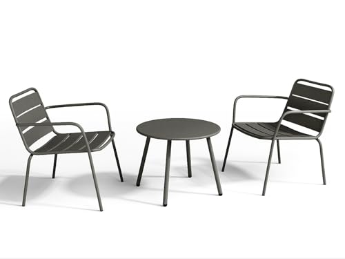 Vente-unique - Salon de Jardin en métal - 2 fauteuils Bas empilables et Une Table d'appoint Ronde - Gris Anthracite - MIRMANDE de MYLIA