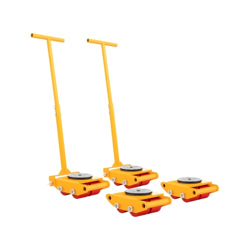 4PCS 6-Ton Machinery Skates with Steering Handles, 13200lbs Capacity Heavy Duty Machine Movers, 360° Rotation Cap and 4 Rollers, Heavy Duty Industrial Moving Equipment (Yellow)