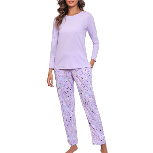 PNAEONG Women's Cotton Long-Sleeve Tops and Full-Length Pajama Set Two-Piece Pjs with Pockets Purple,XL
