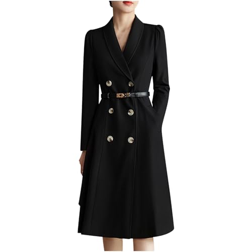 Womens Long Sleeve Lapel Slim Waist Dress Solid Color Double Breasted Button Business Work Blazer Dresses with Pockets