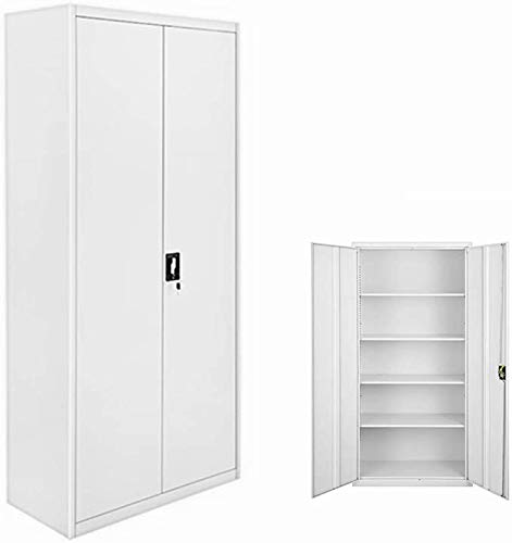 Panana Metal Office Filing Cabinet Tall Storage Cupboard Document Compartments Lockable Double Doors Adjustable Shelves (White, 5 Tier)