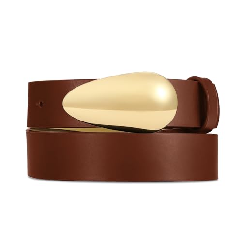 RISANTRY Women Brown Leather Belt Fashion Brown Belt for Women Gold Buckle Perfect for Jeans and Dresses