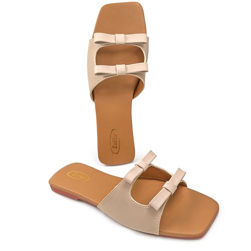 Image of ZaHu Women's Flat Slide Sandals Faux Leather Beige Double Bow Square Toe Slip On Casual Dressy Summer Footwear Comfortable Lightweight Durable for Travel Beach Party Office Gifting Modern Minimalist Open Toe Low Heel Soft Cushioned Insole Non Slip Sole Easy Care Stylish Versatile Vacation Wedding Brunch Shopping Work Women