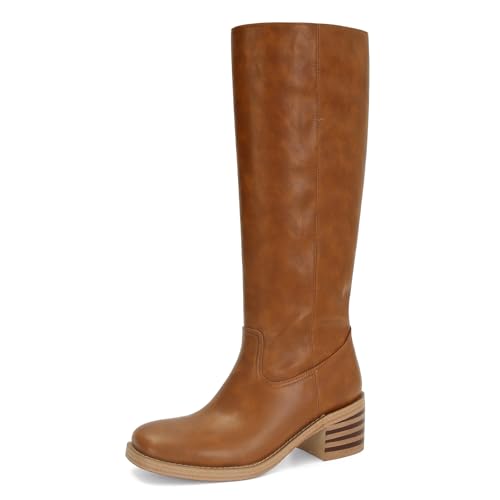 Image of DOEYG Women's Banana Knee High Boots Square Toe Chunky Block Heel Tall Boots Wide Calf Fashion Comfortable Casual Pull on Long Boots