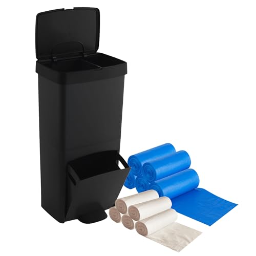 Pack Cubo de basura o reciclaje 70L, VERTICAL, 2 Compartimentos, Papelera residuos, 76 cm, fácil gestión, INCLUYE bolsas de basura adaptadas 5 rollos (75 bolsas) 30L + 5 rollos (75 bolsas) 10L