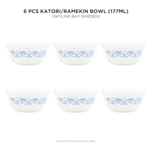 Image of CORELLE Skyline Bay Garden 177 ML Small Katori-6 Pcs| Serving Dal /Curd /Dessert| Ramekin Bowl |Vitrelle 3 Layer Glass| Lightweight Non-Porous Surface Crockery| 1-Year Warranty on Chip /Break /Scratch