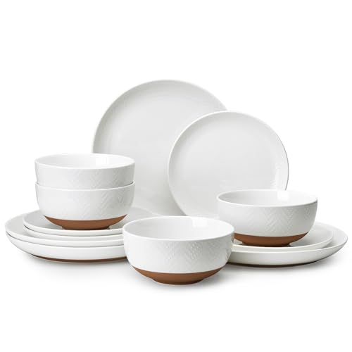 Sweese Porcelain Dinnerware Sets for 4, 12 Pieces Handcrafted Embossed Plates and Bowls Set with Rustic Terracotta Underside, Scratch Resistant Dishes Set, Dishwasher & Microwave Safe, White Sweese Porcelain Dinnerware Sets for 4, 12 Pieces Handcrafted Embossed Plates and Bowls Set with Rustic Terracotta Underside, Scratch Resistant Dishes Set, Dishwasher & Microwave Safe, White