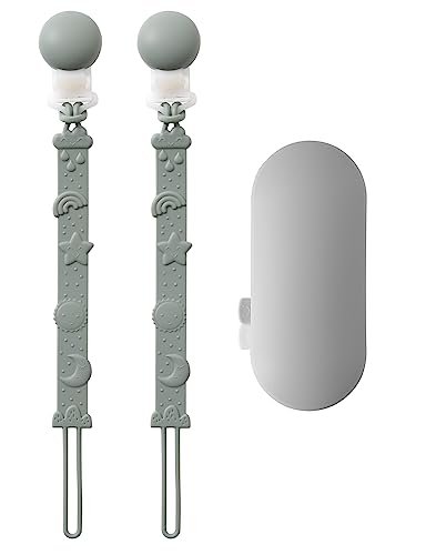 Image of One-piece Silicone Pacifier Clip for Boys and Girls, Binky Holder Leash Smoother Clip with Pacifier Holder Case, Set of 2, BPA Free-Sage