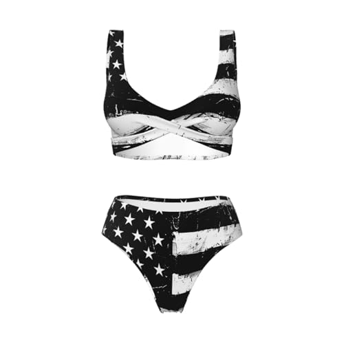 Maillot de bain deux pièces à rayures noires et blanches graphiques imprimé drapeau - 4