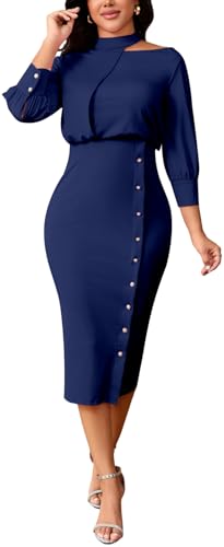 Image of shengfan Women's Casual Long Sleeve Work Bodycon Midi Dresses Round Neck Formal Wedding Cocktail Party Wrap Pencil Dress