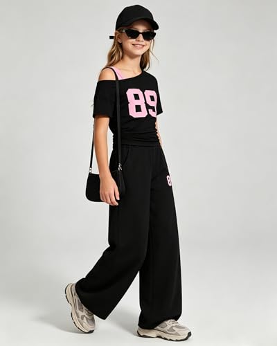 Image of Teen Girls Clothes Off the Shoulder Top and Wide Leg Pants Matching Outfit Set with Pockets Size 7-16