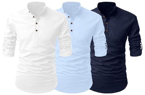 Image of FINIVO FASHION Combo of Men's Cotton Blend Solid Regular Fit Full Sleeve Straight Short Kurta Shirt, Casual and Formal Wear