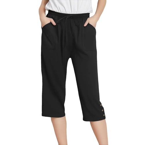 Pantalones de lino para mujer estilo capri 3/4 con cintura elástica cómoda