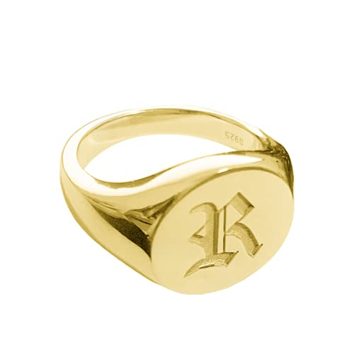 Elefezar Personalized 925 Sterling Silver Initial Ring Custom Old English Signet Rings Full Back Gold