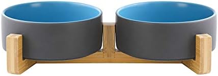 Gray Blue Ceramic Cat Dog Bowl Dish with Wood Stand No Spill Pet Food Water Feeder Cats Small Dogs Set of 2