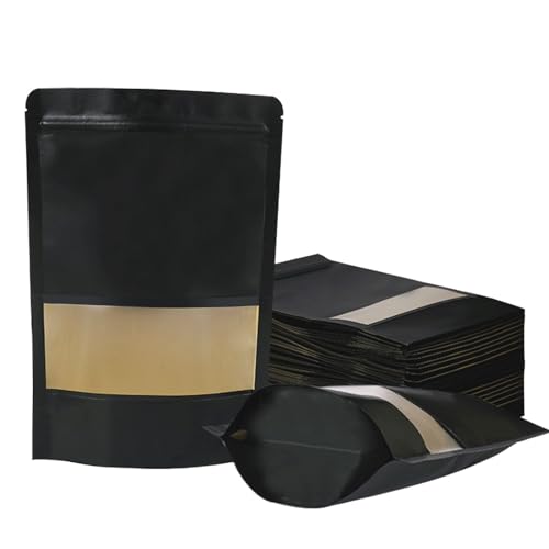 Funnyleaf 100 bolsas resellables, bolsas de papel kraft de pie con ventana mate, bolsas de almacenamiento de alimentos con cierre de cremallera para pequeñas empresas y hogar, bolsas sellables