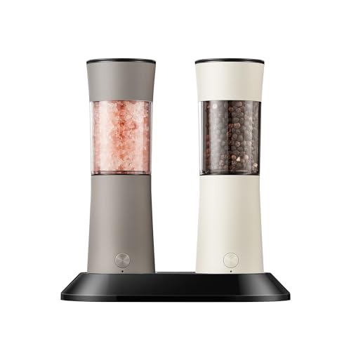 Comparison: Best Gravity Salt And Pepper Grinder 10 Gravity Electric Salt and Pepper Grinder Set – Rechargeable Pepper Mill with USB-C Charging Base, Dual LED Light, Automatic One-Handed Mill for Kitchen & Cooking, Cream Brown Design, 2 Pack