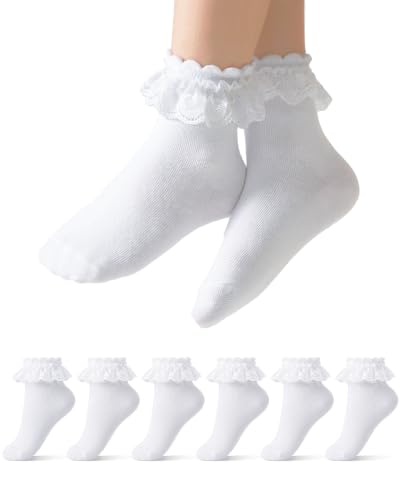 Funjoon Girls White Ruffle Socks Toddler Girls Lace Frilly Dress Cotton School Uniform Ankle Socks 2T-10Y White 6-8Y
