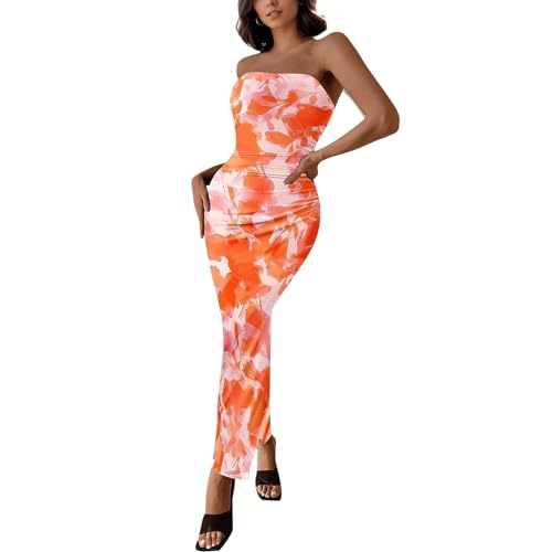 Image of Women's Tube Top Maxi Dresses Printed Tie Dye Strapless Bodycon Long Dress Split Side Sleeveless Party Elegant Outfits