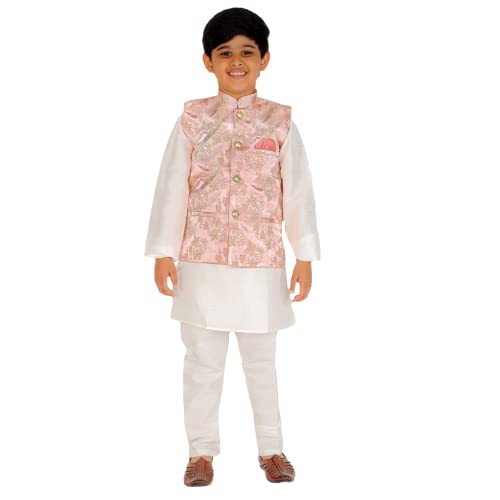 Image of Pro-Ethic Style Developer Kurta Pajama For Kids Boys With Waistcoat | Silk | Floral | Traditional Dress (S-209)