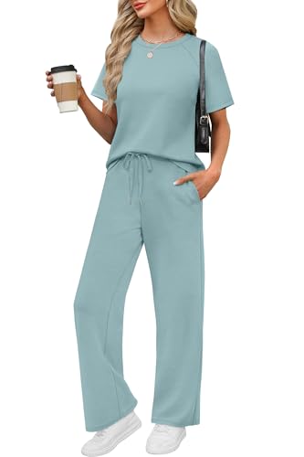 WIHOLL Conjuntos de Dos Piezas para Mujer Verano 2026 Elegantes e Informales Cmodos Conjuntos a Juego Ropa de Mujer de 2 Piezas Conjuntos de Estar por Casa Ropa de Moda Lake Blue XL