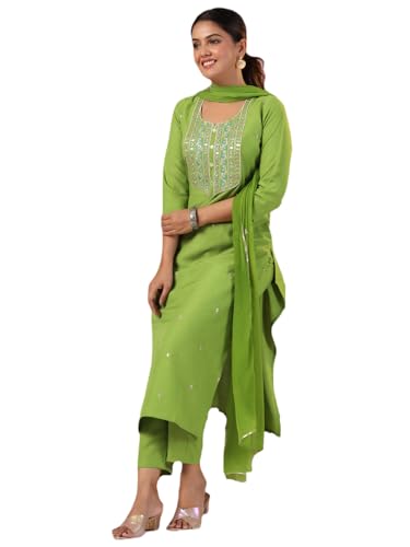 Image of GoSriKi Women's Cotton Blend Embroidered Kurta Set with Pant & Dupatta - Straight Calf‑Length, 3 /4 Sleeve, Round Neck - Elegant Ethnic Attire (5 Colors, S-5XL)