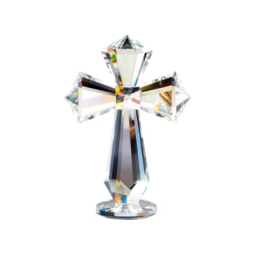 Hand-Carved Crystal Cross Standing 6 Inch Clear K9 Glass Cross Figurine Religious Desk & Home Altar Decor Christian Spiritual Gift with 360 Faceted Design Transparent Inspirational Ornament