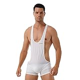 Freebily Herren Wrestling Singlets Bodysuit Einteiler Sport Unterwäsche Athletic Stringer Body Anzug für Männer Weiß_B XL